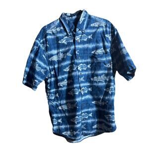 Woolrich Men’s Button Down Shirt Sz Lg Blue Fish Print Beach Casual Resort Wear